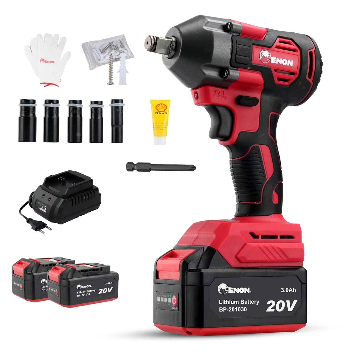 ENON 20V Impact Wrench Cordless Kit, 410Nm Torque, Powerful Motor, 2x3.0Ah Batteries, 5 wrench sockets, F/R, Brushless, Woodworking Tool, Drill, Screwdriver - 6 Month Warranty (XE-BL2032) ENON 20V Impact Wrench Cordless Kit, 410Nm Torque, Powerful Motor, 2x3.0Ah Batteries, 5 wrench sockets, F/R, Brushless, Woodworking Tool, Drill, Screwdriver - 6 Month Warranty (XE-BL2032)
